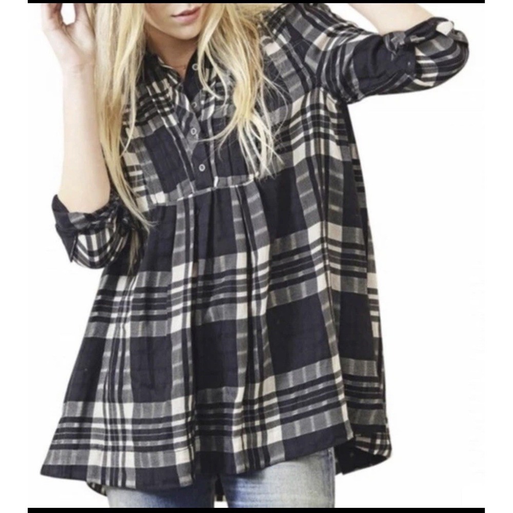 Free People Baby Blues Tunic Womens Size S Plaid Shirt Button Fall Flannel
